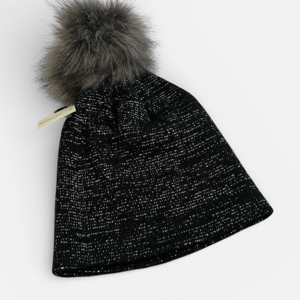 Francesca's Collections Black Knit Beanie with Faux Fur Pom